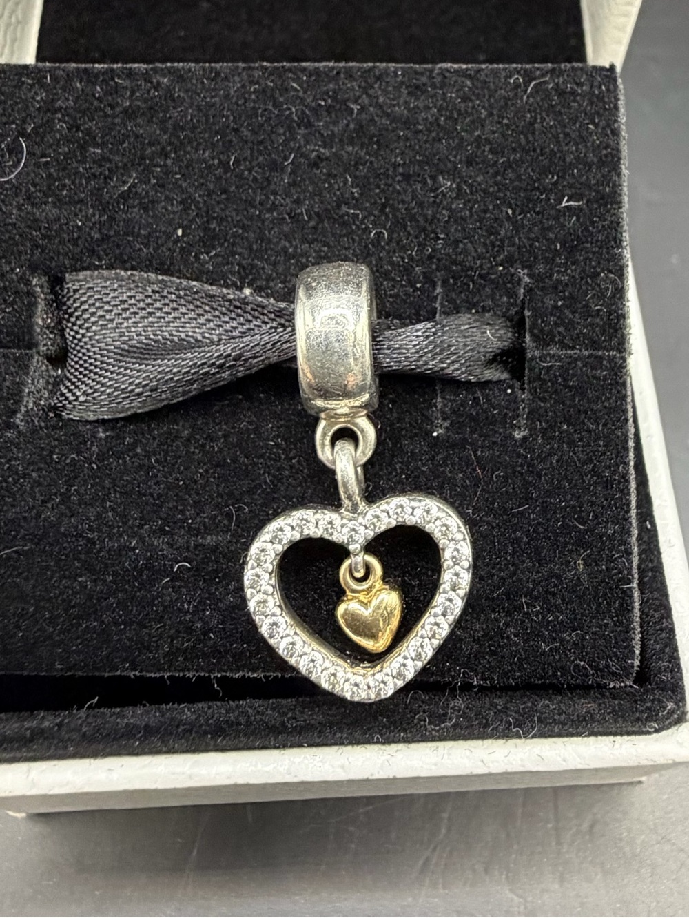 Pandora Sterling Silver Double Heart Dangle Charm – Gold Heart & Clear Stones